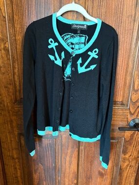 Sourpuss blue & black cardigan NWT Sailor Girl with anchor and bulldog Large